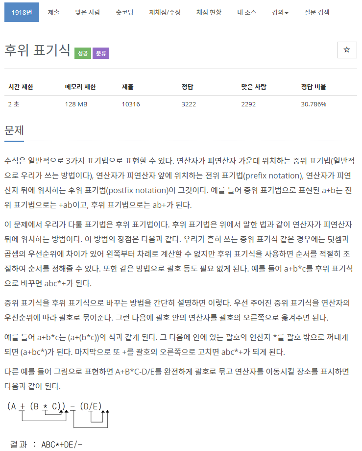 백준 1918번: 후위 표기식 // C++ 백준 1918번: 후위 표기식 // C++