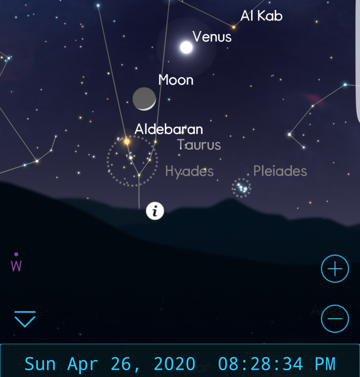 서쪽하늘 달과 금성   히아데스성단과 플레이아데스성단