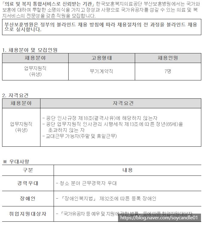  [채용][한국보훈복지의료공단] [부산보훈병원] 업무지원직(위생) 공개채용