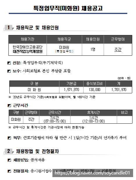[채용][한국장애인고용공단] 대전직업능력개발원 특정업무직(미화원) 채용 공고