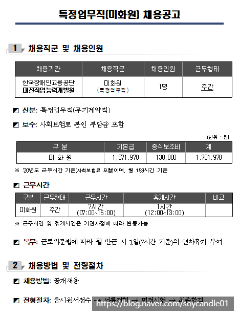  [채용][한국장애인고용공단] 대전직업능력개발원 특정업무직(미화원) 채용 공고