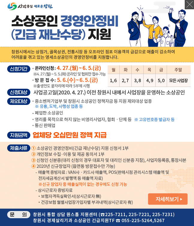  창원시 소상공인 지원대책 "소상공인 경영안정비(긴급 재난수당)지원 신청