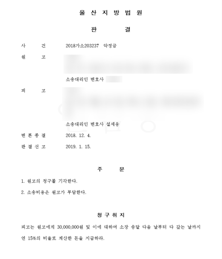  약정금청구소송, 동업자 민사사건 승소사례