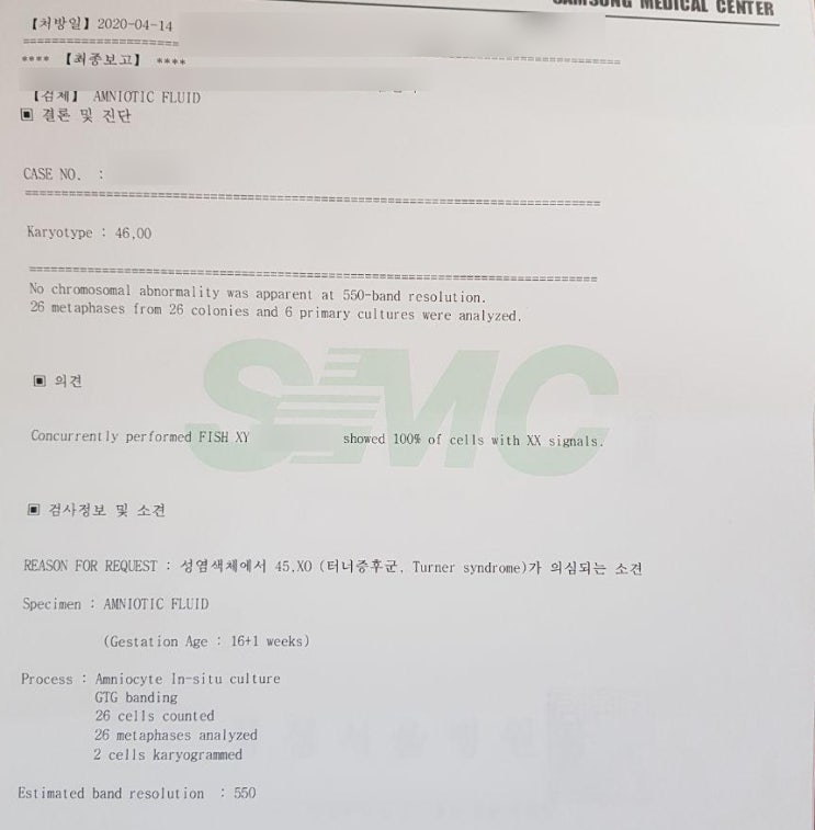  터너  증후군 양수 검사 결과 나왔다 (삼성서울병원 결과지)