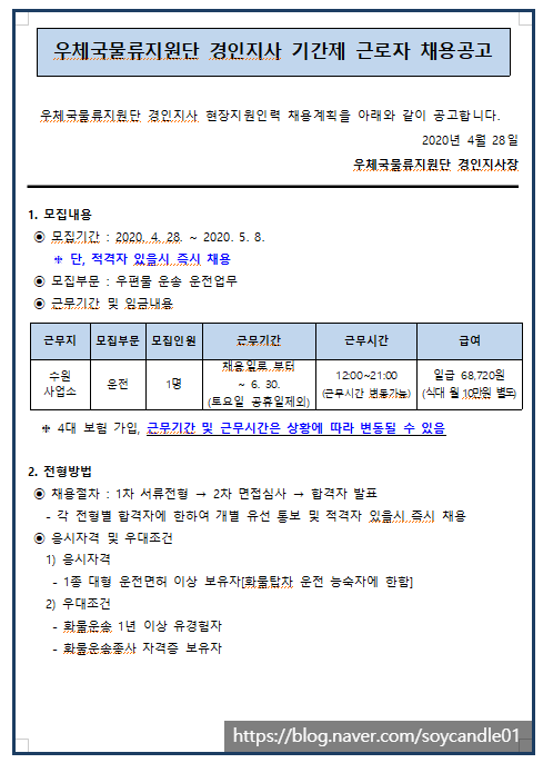  [채용][(재)우체국물류지원단] 경인지사 한시적 기간제 근로자 채용 공고