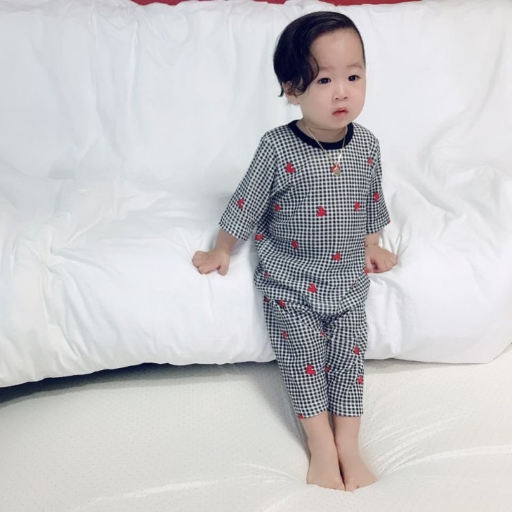  [ 리뷰 포함 ]   쏭스베이비 하트체크7부내의유아내의 아동내의 유아실내복 아동실내복 잠옷 7부내의 베이비페어