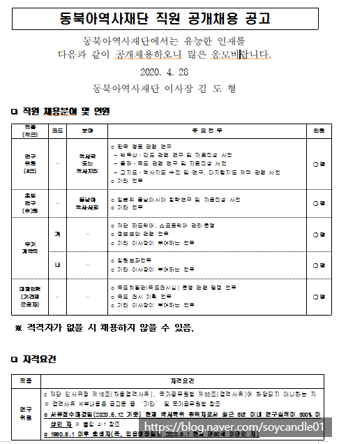  [채용][동북아역사재단] 직원 공개채용 공고