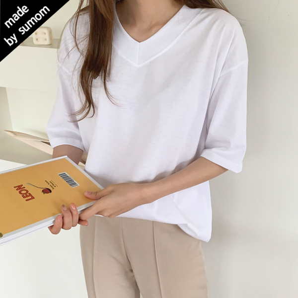[ 리뷰 포함 ]   수맘 자체제작 봄 여름 브이넥 20수 티셔츠 반팔