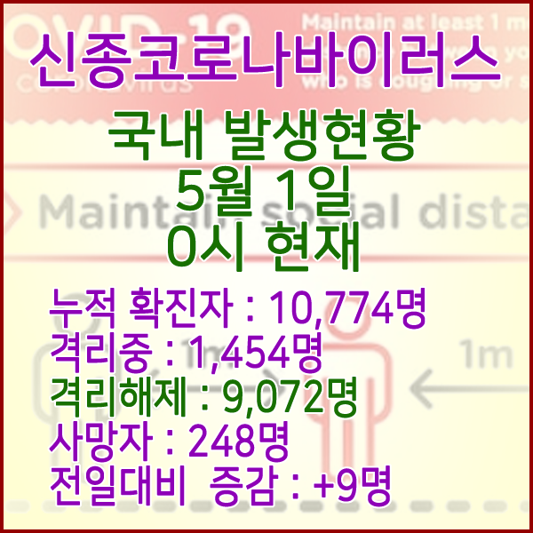  코로나19(코로나바이러스) 5월 1일 0시 국내 발병 10,774명 / 9,072명 완치 격리해제 / 사망자 248명
