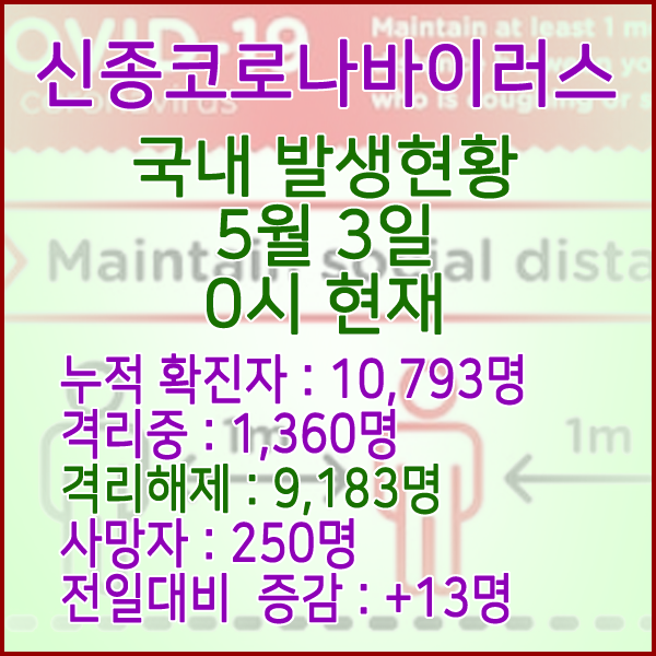  코로나19(코로나바이러스) 5월 3일 0시 국내 발병 10,793명 / 9,183명 완치 격리해제 / 사망자 250명