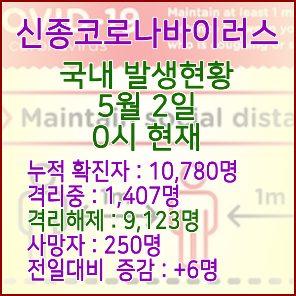 코로나19(코로나바이러스) 5월 2일 0시 국내 발병 10,780명 / 9,123명 완치 격리해제 / 사망자 250명