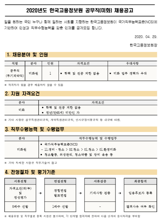  [채용][한국고용정보원] 2020년도 공무직(미화) 채용공고