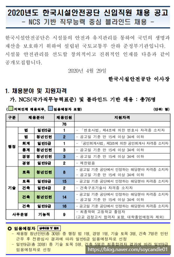 [채용][한국시설안전공단] 2020년도 신입직원 채용 공고