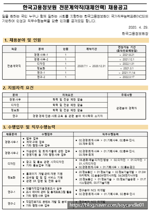  [채용][한국고용정보원] 2020년도 전문계약직(대체인력) 채용공고