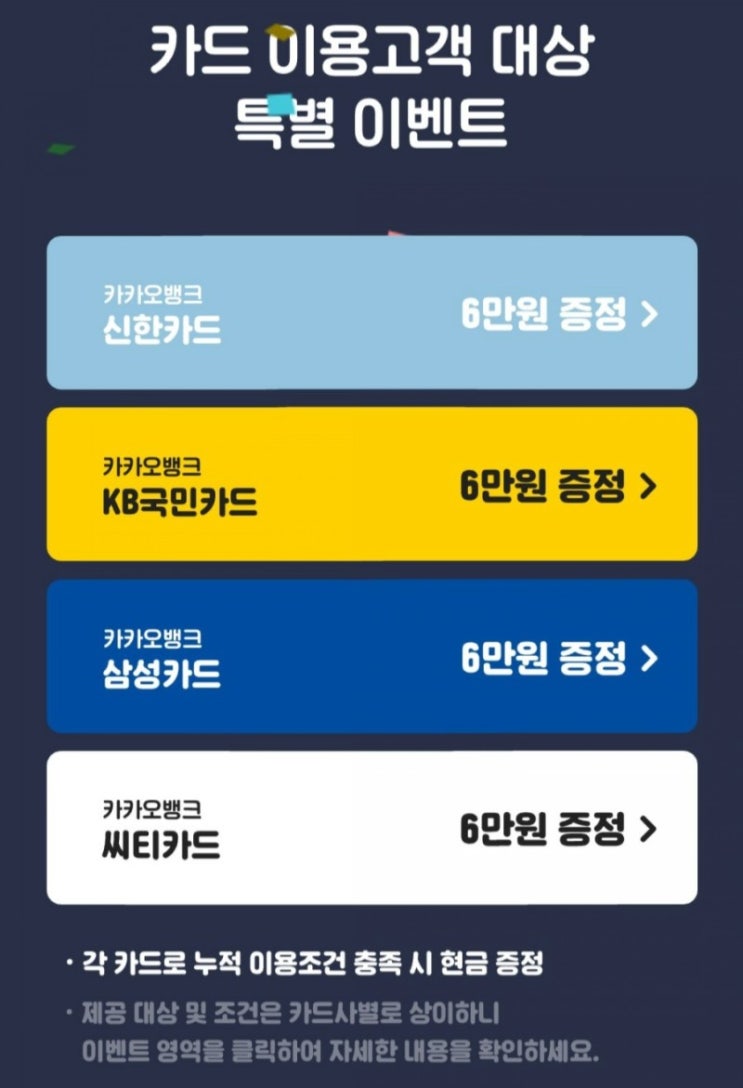  카카오뱅크 제휴 신용카드 신청하면 현금 6만원, 최대 24만원 캐쉬백 이벤트 (씨티카드, 신한카드, KB국민카드, 삼성카드)