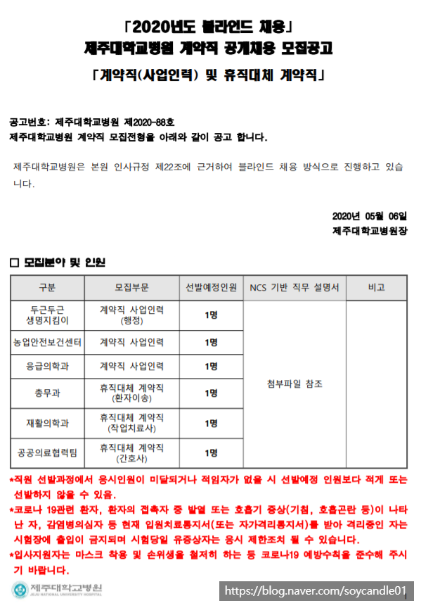  [채용][제주대학교병원] 계약직 사업인력 및 휴직대체 블라인드 모집공고