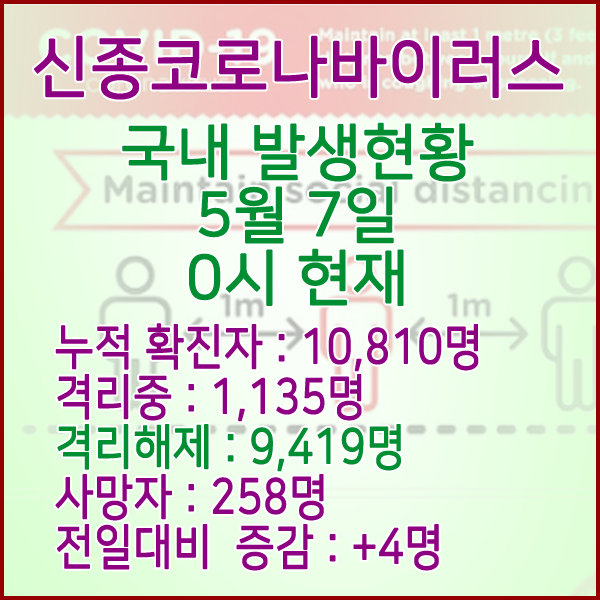  코로나19(코로나바이러스) 5월 7일 0시 국내 발병 10,810명 / 9,419명 완치 격리해제 / 사망자 256명