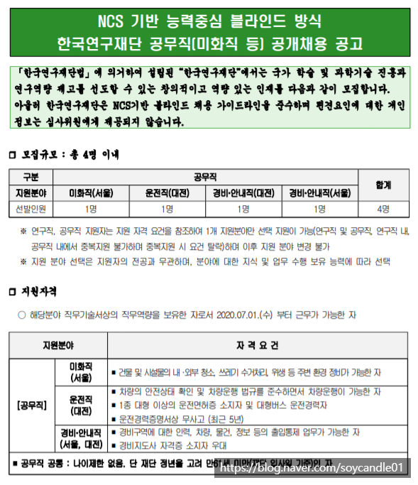  [채용][한국연구재단] 2020년 상반기 공무직(미화직 등) 채용 공고