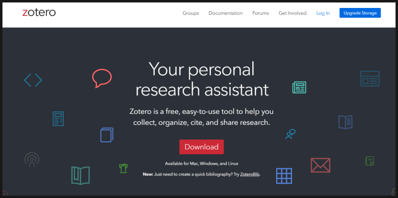 Zotero 공식 웹사이트 메인 화면