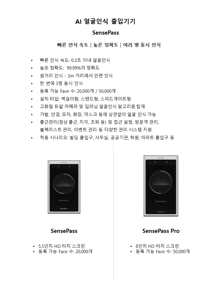  AI 얼굴인식 출입기기 <SensePass>