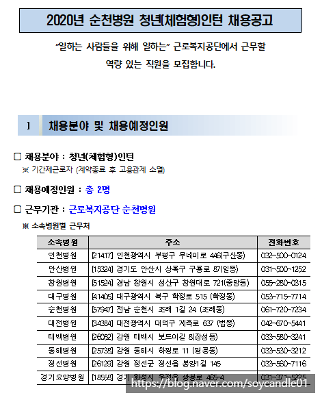  [채용][근로복지공단] [순천병원] 2020년 상반기 청년(체험형)인턴 신규채용 공고(일반전형)