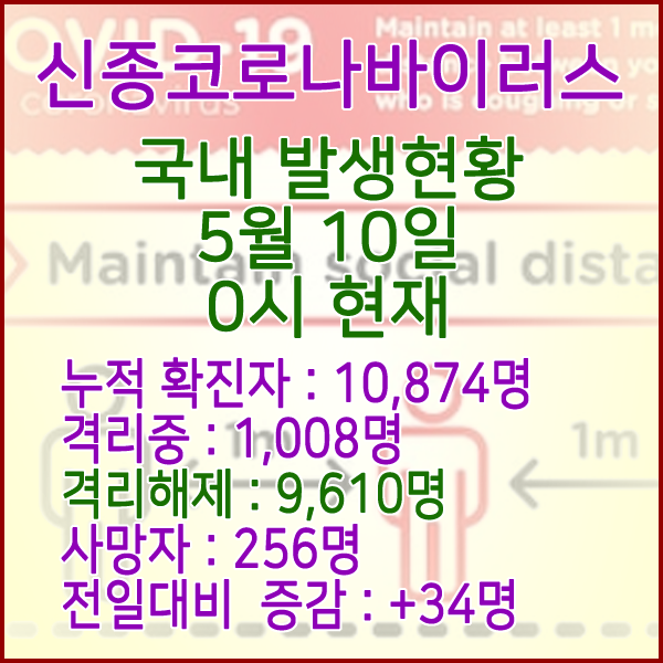  코로나19(코로나바이러스) 5월 10일 0시 국내 발병 10,874명 / 9,610명 완치 격리해제 / 사망자 256명