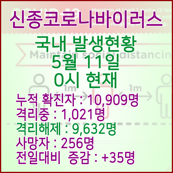  코로나19(코로나바이러스) 5월 11일 0시 국내 발병 10,909명 / 9,632명 완치 격리해제 / 사망자 256명