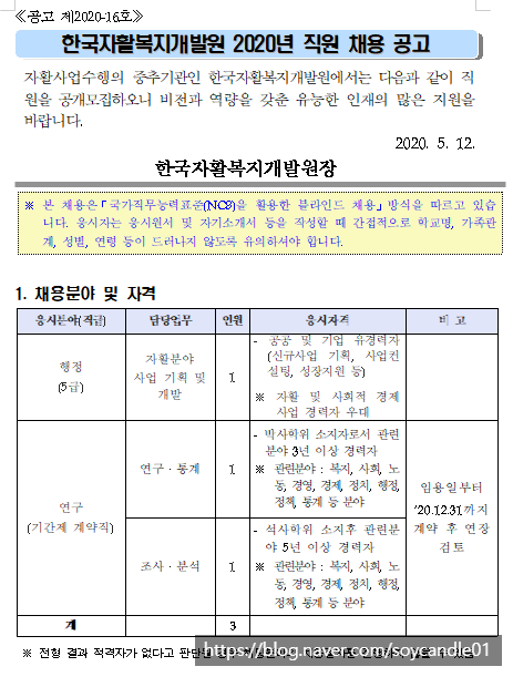  [채용][한국자활복지개발원] 2020년 직원 채용 공고