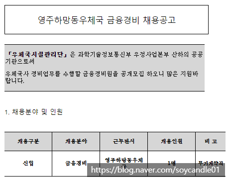  [채용][우체국시설관리단] 영주하망동우체국 금융경비(무기계약직) 채용공고