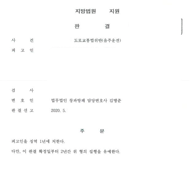  네번째 음주운전 징역형의 집행유예 선고 사례입니다