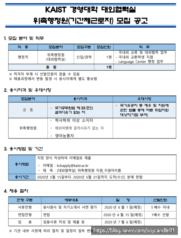  [채용][한국과학기술원] KAIST 경영대학(서울캠퍼스) 대외협력실 위촉행정원 모집공고