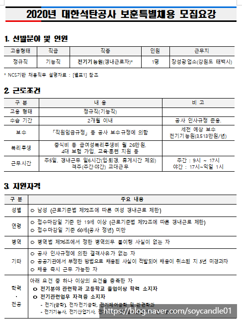  [채용][대한석탄공사] 2020년 보훈특별채용 공고