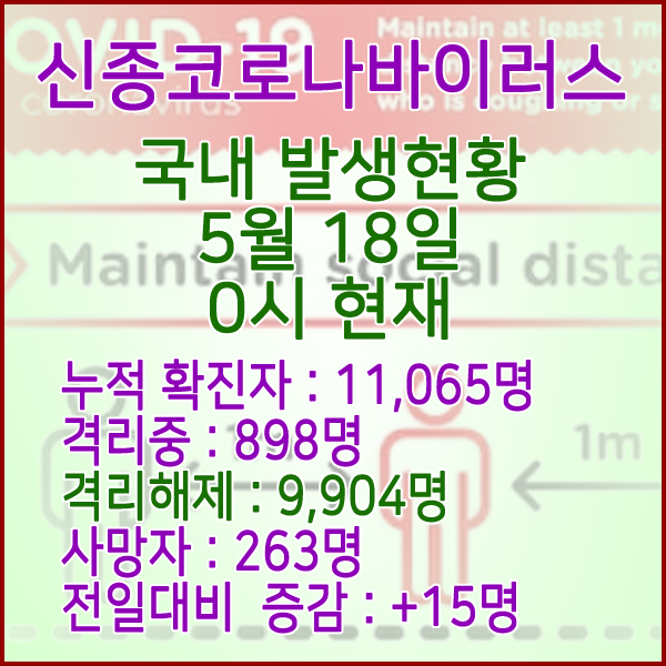  코로나19(코로나바이러스) 5월 18일 0시 국내 발병 11,065명 / 9,904명 완치 격리해제 / 사망자 263명