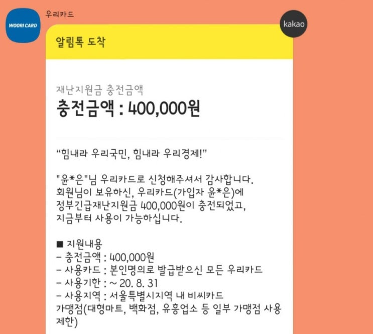  [리뷰볼래] 서울 국민 재난지원금 1인 가구 우리카드 포인트 40만원