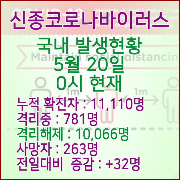  코로나19(코로나바이러스) 5월 20일 0시 국내 발병 11,110명 / 10,066명 완치 격리해제 / 사망자 263명