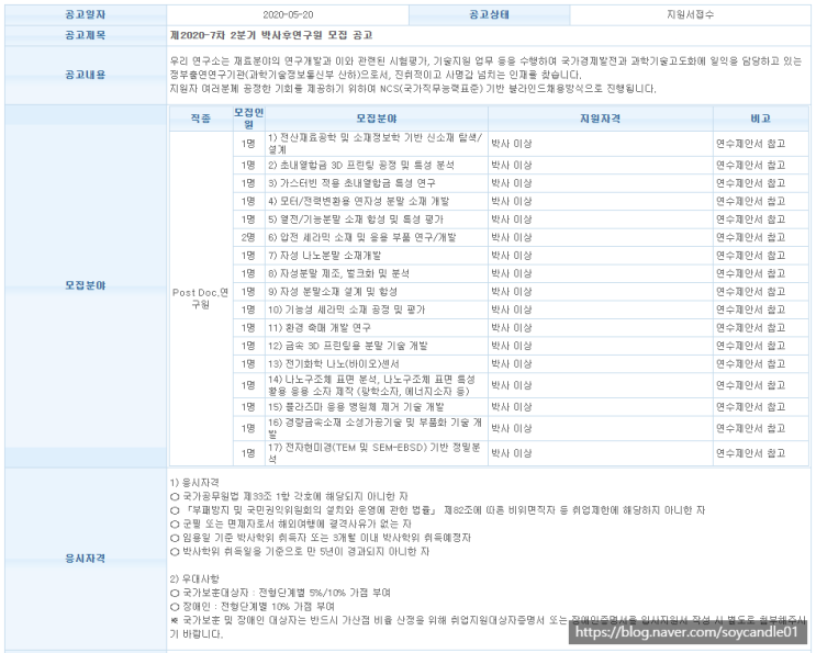  [채용][재료연구소] 제2020-7차 2분기 박사후연구원 모집 공고