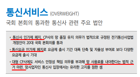  통신서비스 - 국회 본회의 통과한 통신사 관련 주요 법안 / SKT, KT, LGU+ / 통신사 인가제 폐지 / 대형CP사 망 사용료 부과