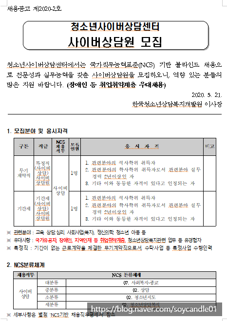  [채용][한국청소년상담복지개발원] 청소년사이버상담센터 사이버상담원 모집(채용공고 제 2020-2호)