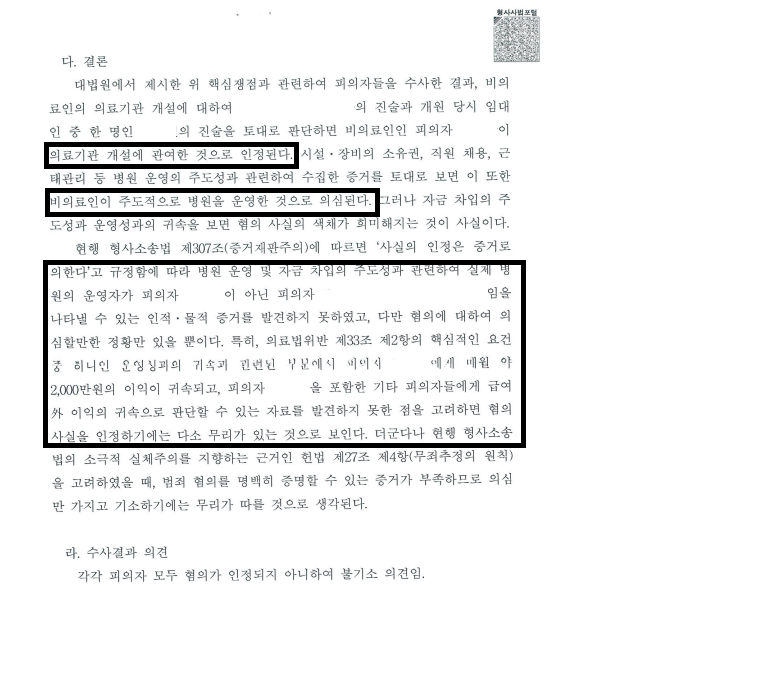 [사무장 병원 의료법 위반 혐의 없음 무혐의 무죄 처분 사례] 관련 사진