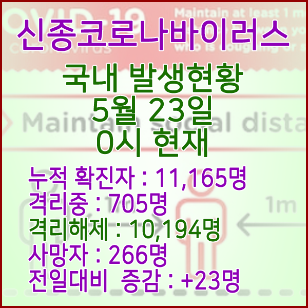  코로나19(코로나바이러스) 5월 23일 0시 국내 발병 11,165명 / 10,194명 완치 격리해제 / 사망자 266명