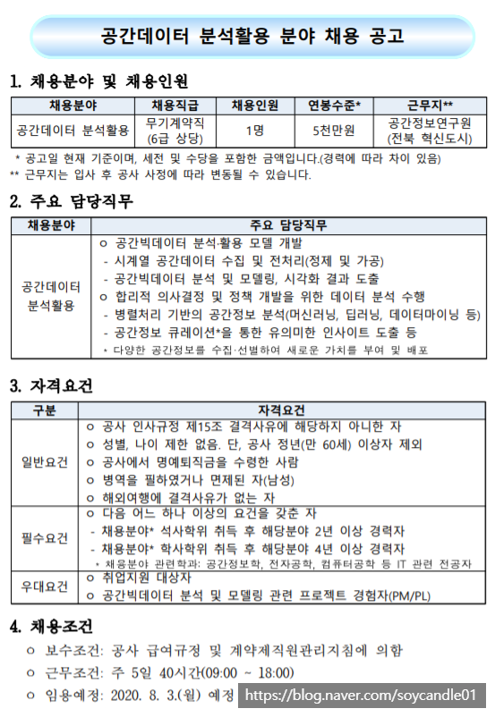 [채용][한국국토정보공사] 전문경력직 채용 공고(공간데이터 분석활용)
