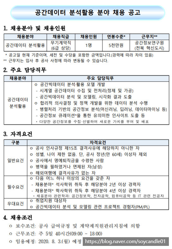  [채용][한국국토정보공사] 전문경력직 채용 공고(공간데이터 분석활용)