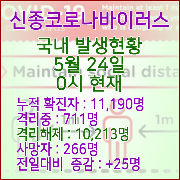  코로나19(코로나바이러스) 5월 24일 0시 국내 발병 11,190명 / 10,213명 완치 격리해제 / 사망자 266명