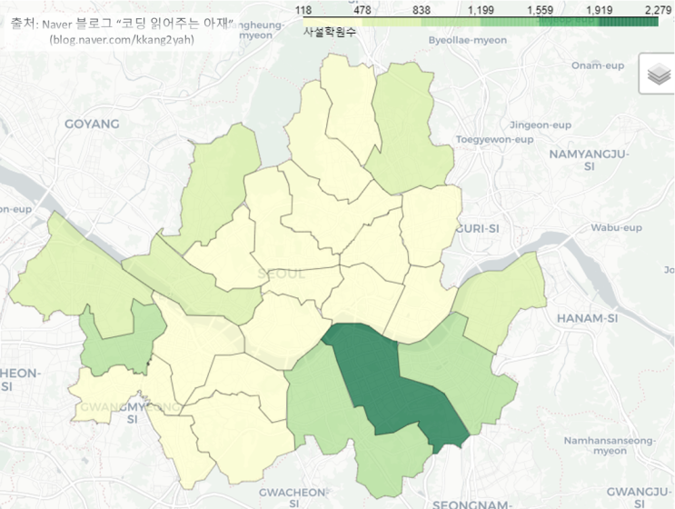 [부동산 데이터과학 #3] 지도위에 서울시 구별로 구분된 칼라맵 표시하기 기본 예제 (folium choropleth, json 사용법 ^^)