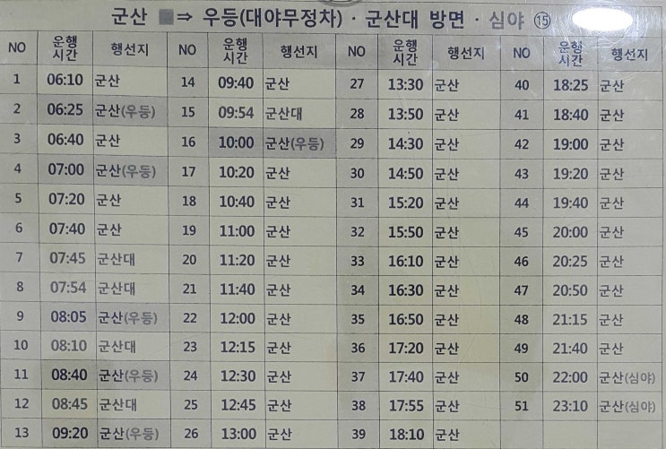  전주시외버스터미널 에서 군산 군산우등(대야 무정차) 군산대 버스시간표 (2020년5월26일 기준)