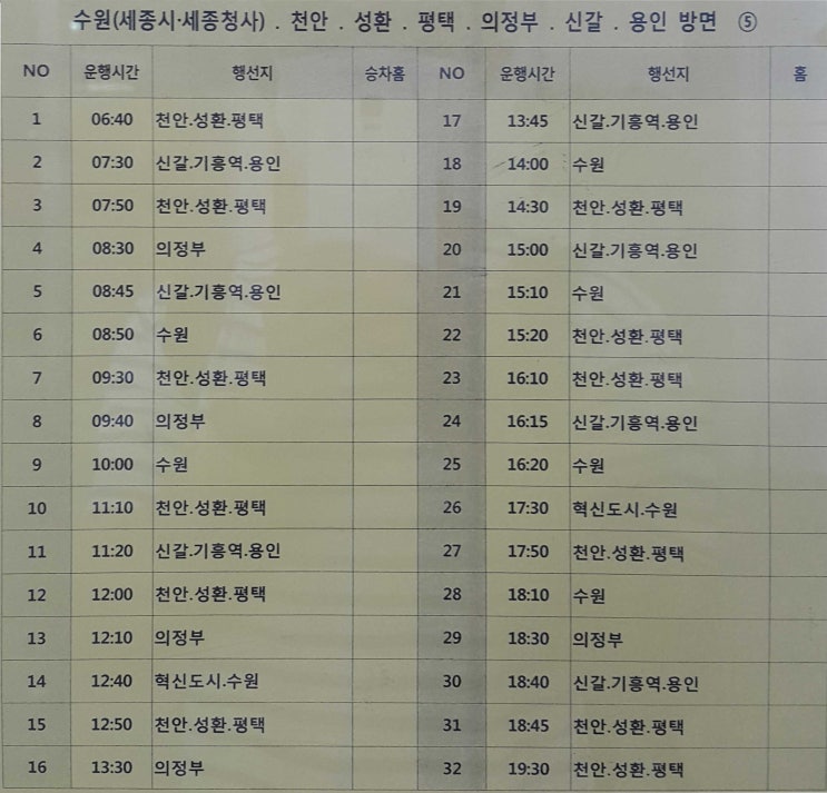  전주시외버스터미널 에서 수원, 세종시, 천안,평택, 의정부, 용인 버스시간표 (2020년5월26일 기준)