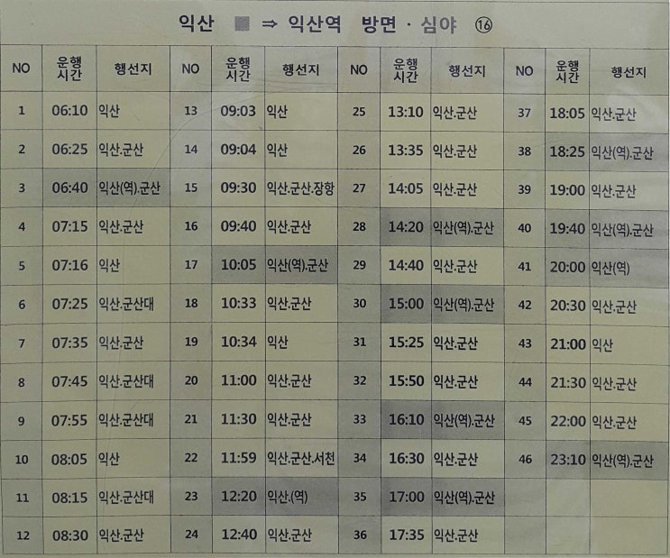  전주 시외버스터미널 에서 익산 익산역 군산 군산대 장항 서천 버스시간표 (2020년5월26일 기준)