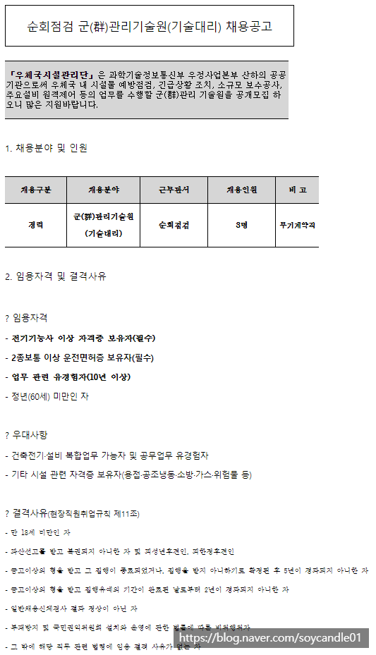 [채용][우체국시설관리단] 순회점검 군(群)관리기술원(기술대리, 무기계약직) 채용공고