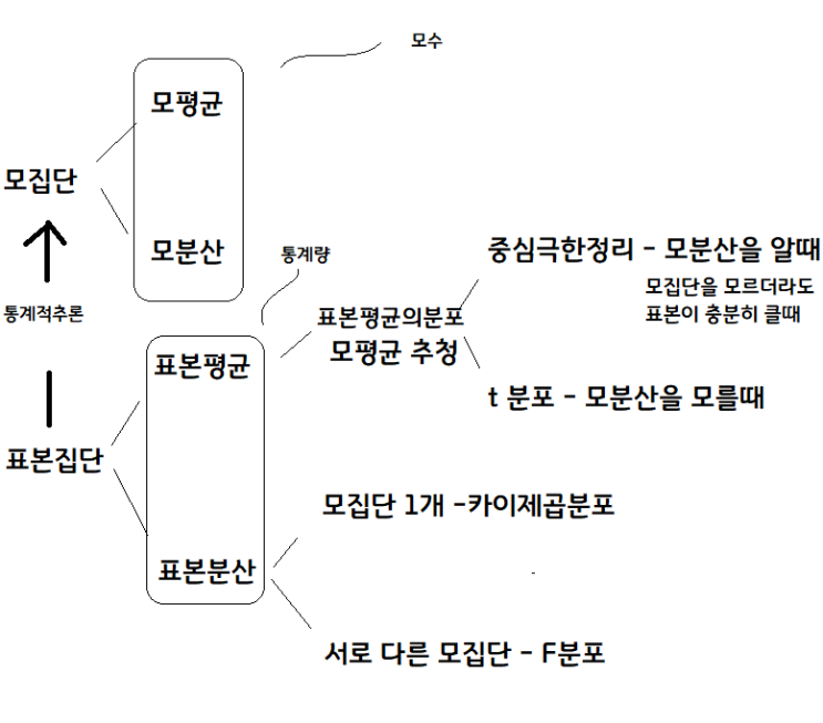  모집단과 표본분포, 표본평균의 분포, 카이제곱분포, 통계량, 확률변수, t분포, f분포, 모평균 추정