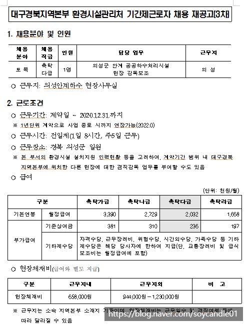  [채용][한국환경공단] 대구경북지역본부 환경시설관리처 기간제근로자(촉탁직) 채용모집 재공고(3차)_의성안계하수